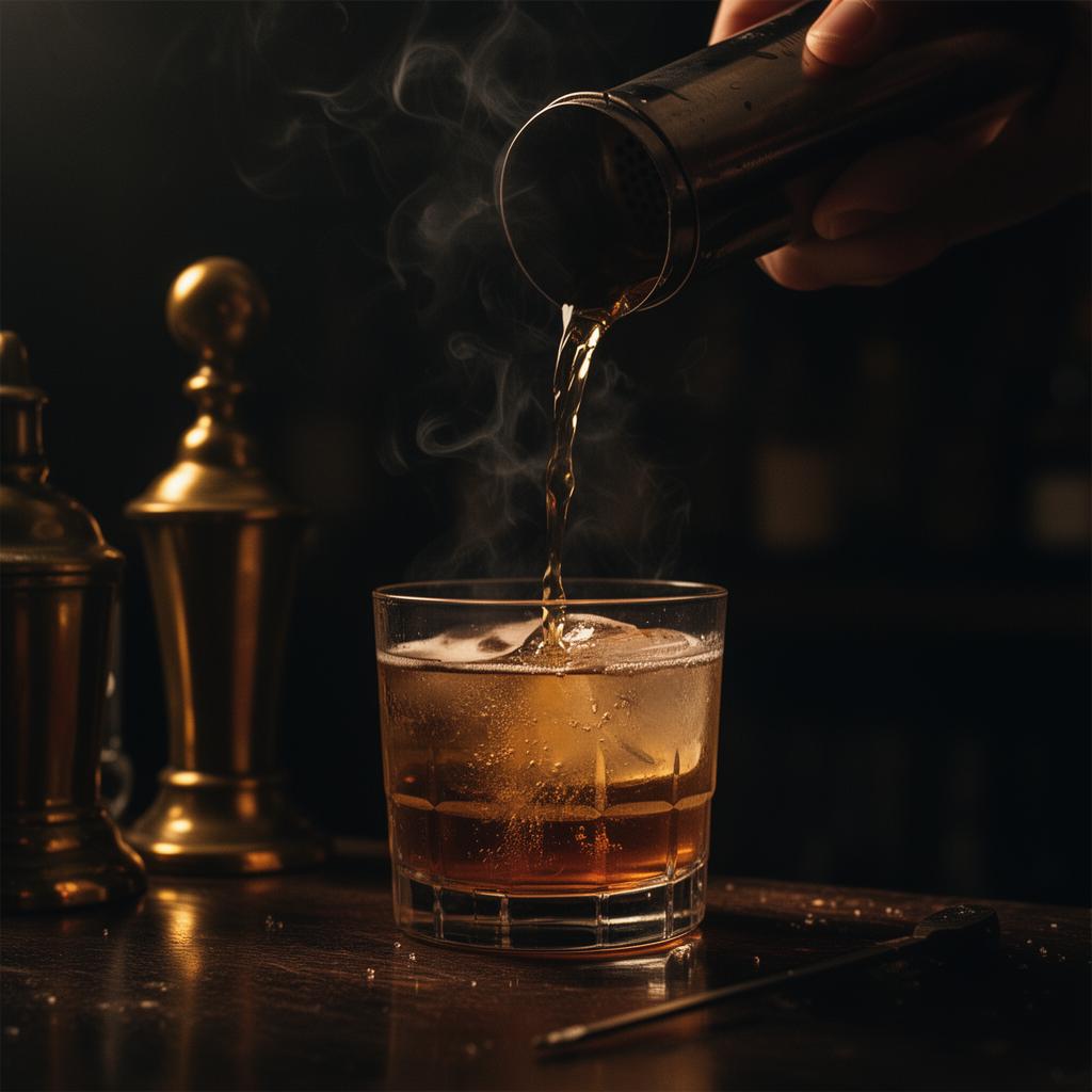 Craft cocktail being prepared in low light